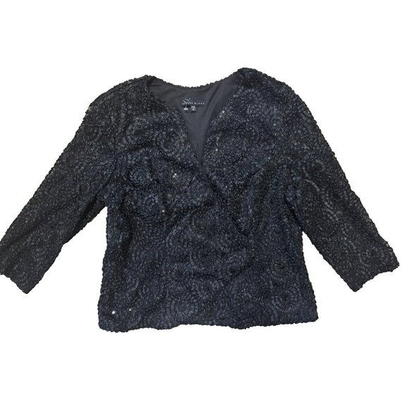 Helene Blake Sequin Faux Wrap Evening Blouse Women 14 Lace Sleeve V Neck Black - Picture 2 of 8